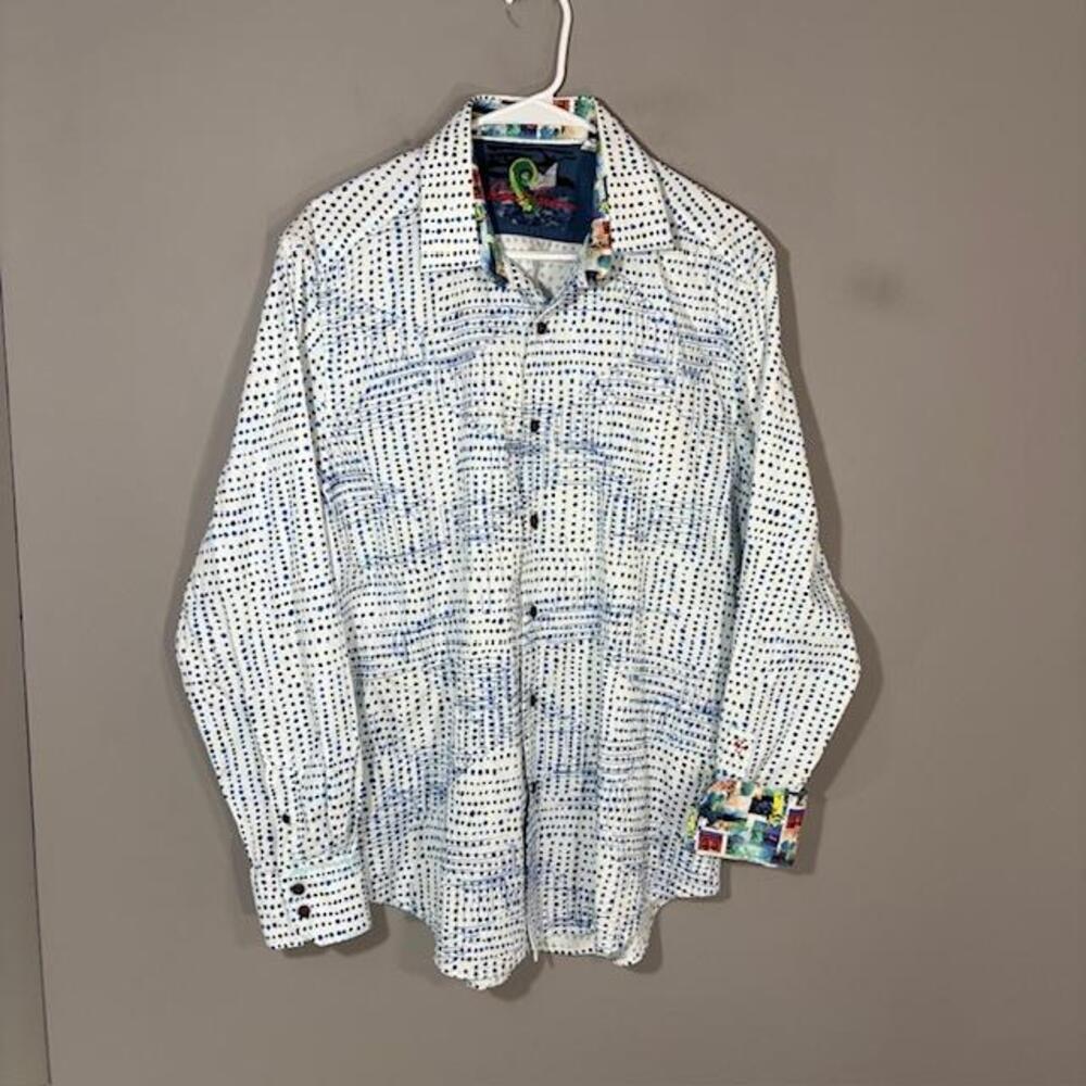 Robert Graham Shirt Mens Large White Blue Polka Dot Long Sleeve Button Up Cotton